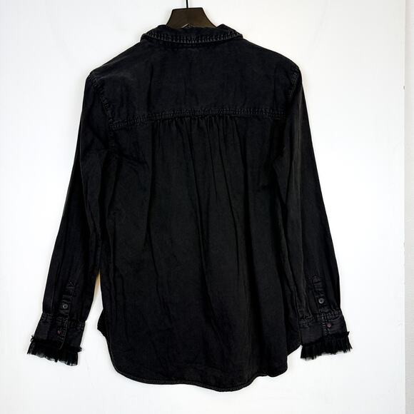 Anthropologie Pilcro Tulle Ruffle Button Down Shirt Western Black - M - Picture 7 of 10